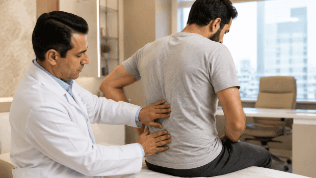 متخصص درد کمر در حال ارزیابی بیمار مبتلا به کمردرد در مطب