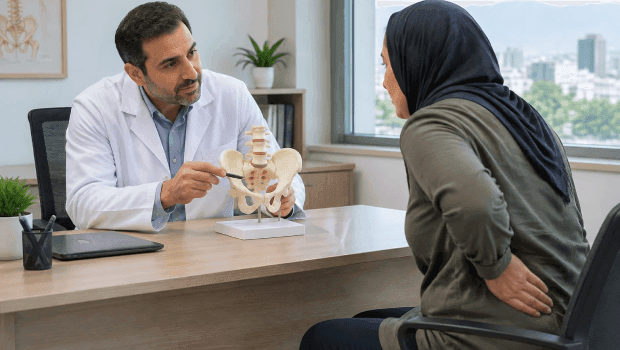 مشاوره تخصصی پزشک فوق تخصص درد با بیمار برای بررسی و تشخیص علل درد دنبالچه