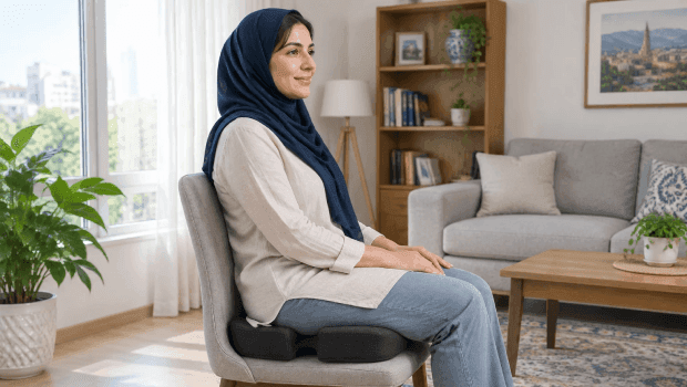 نحوه نشستن صحیح با بالشتک طبی ارتوپدی برای کاهش فشار و تسکین درد دنبالچه